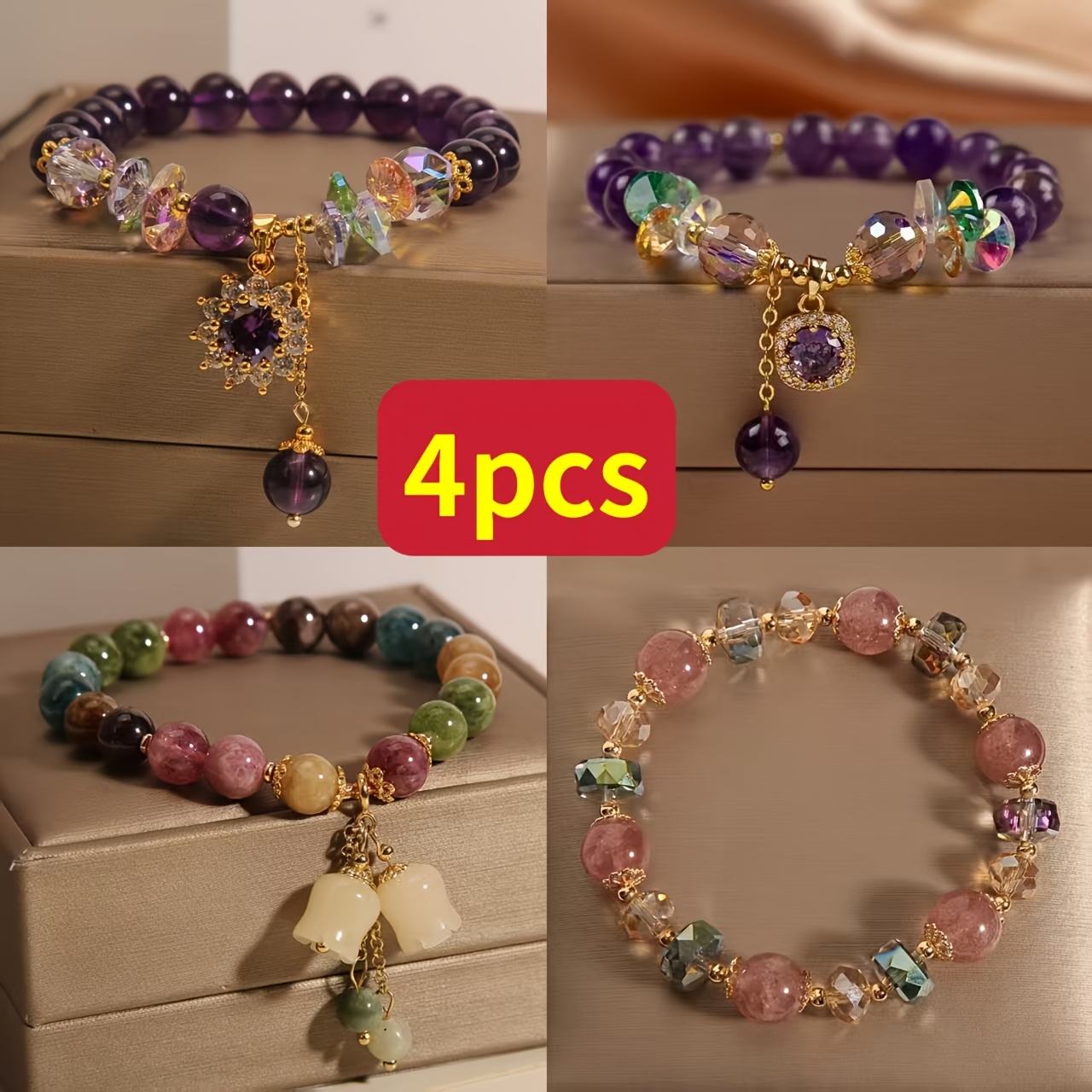 TEMU 4pcs Bohemian Style Amethyst Beaded Bracelet Set With Dangling Charms, Versatile Stretch Jewelry, Suitable For Parties Or Gifts, Women's Fashion