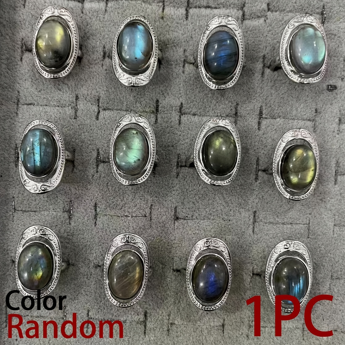 TEMU 1pc Random Vintage Bohemian Natural Stone Ring For Men And Women - Adjustable Ring, Antique Silvery Labradorite Rings, Cabachons Labradorite
