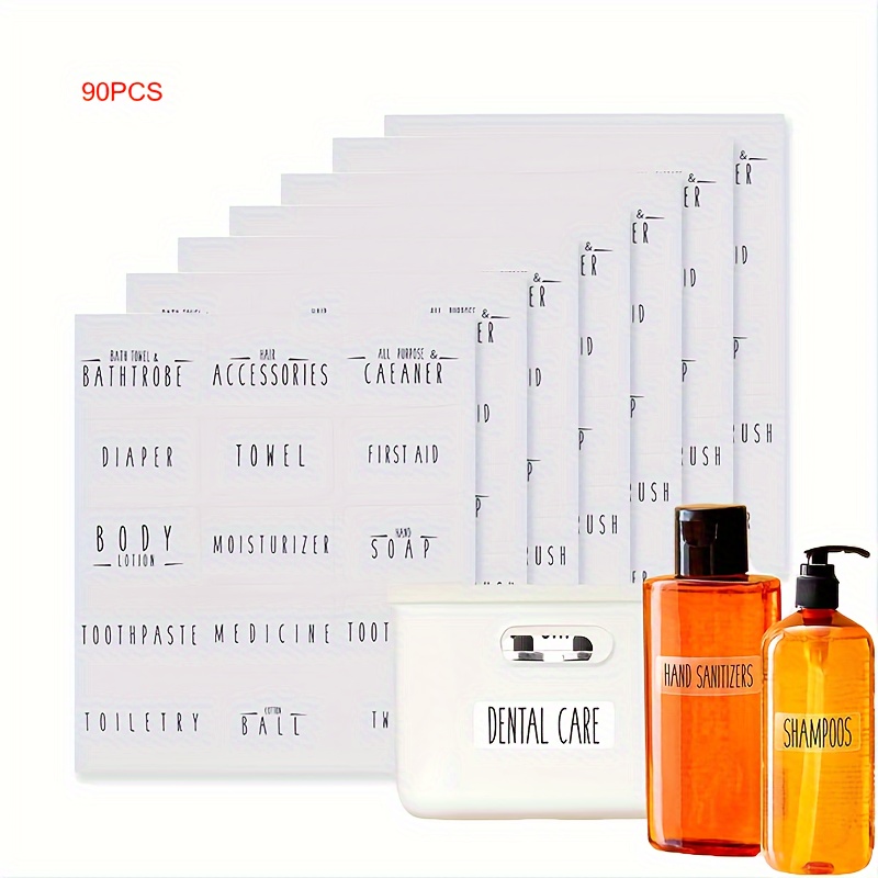 

90-piece Waterproof Bathroom Organizer Stickers Set - Transparent, Reusable Labels For Cotton Swabs, Hand Sanitizer & Spray Bottles
