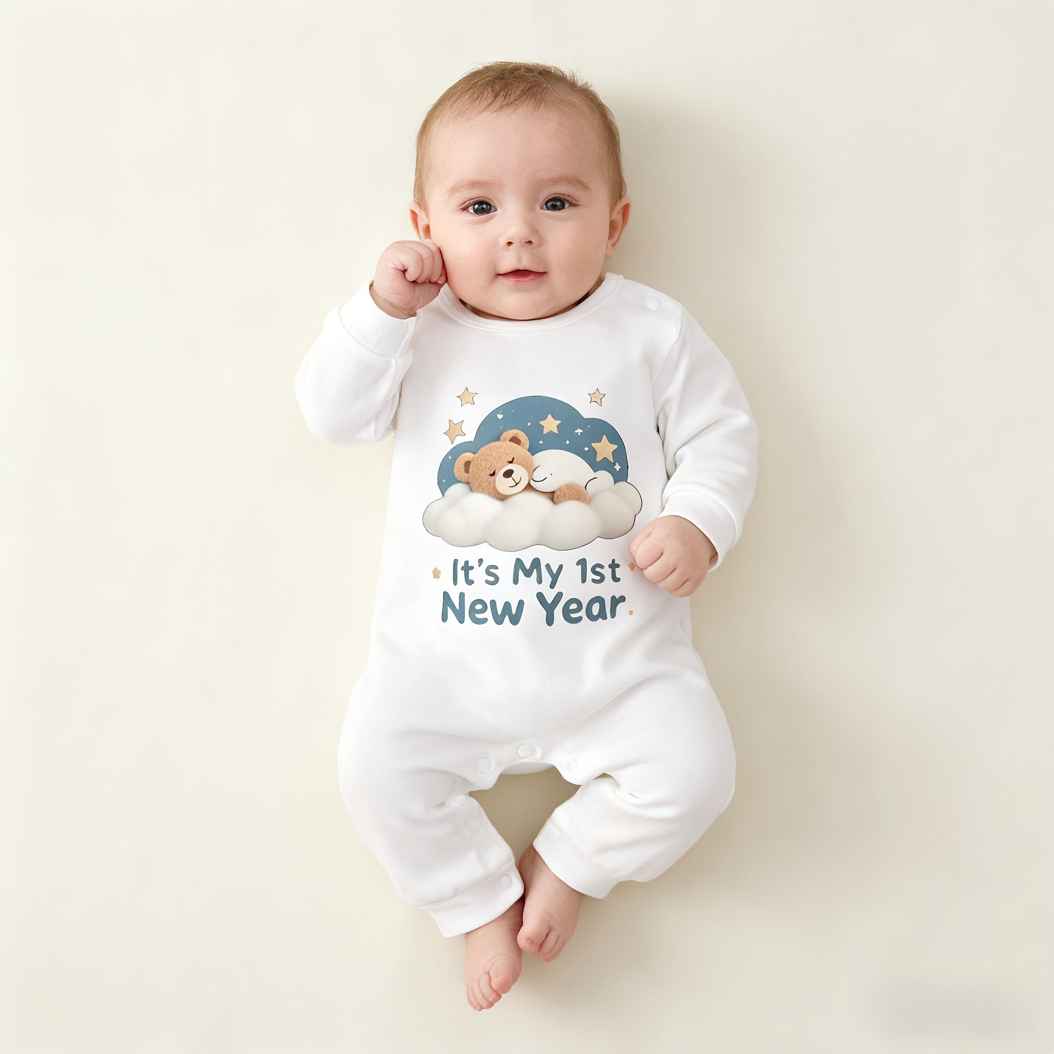 It's My 1st New Year Star Bear Pattern Printed Baby Clothes, Baby Long Sleeve Jumpsuit Spring and Autumn Baby Christmas Gift, Four Seasons Cotton Breathable, Suitable for Outdoor Wearing, Perfect for Outdoor