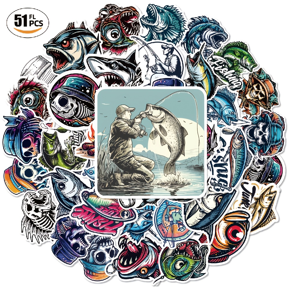 

Waterproof Fishing Stickers Set Of 50, Pvc Material, Skeleton Fish Graphics, Outdoor Fishing Decal Collection For Laptop, Phone Case, Luggage, Water Bottle, Fishing Tackle Box Decoration