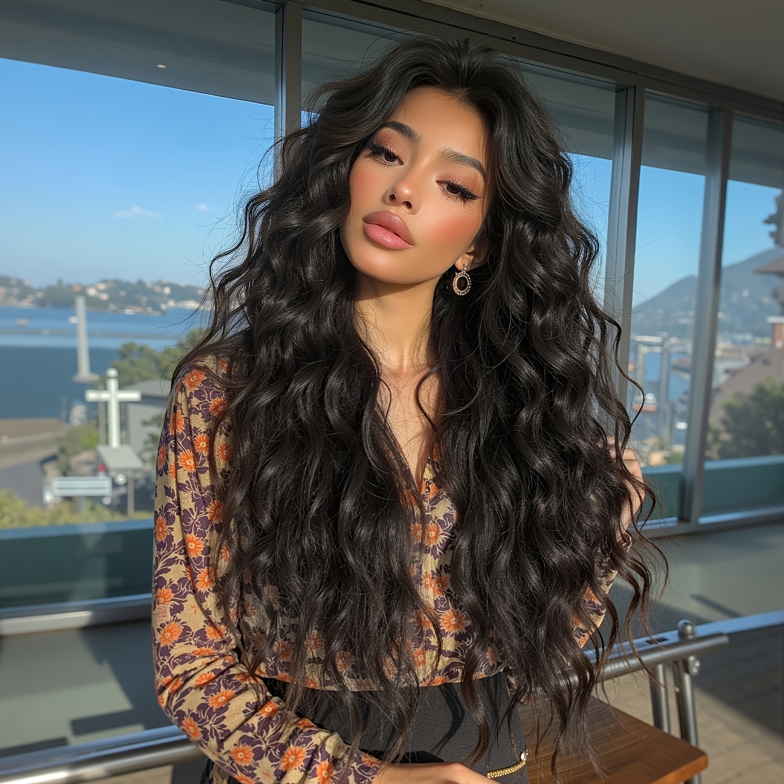 TEMU Elegant 28-inch Black Center-part Deep Wave Long Head Wig, A Must-have For Easter/costume Parties/dates! Create A Mysterious And Elegant Look,