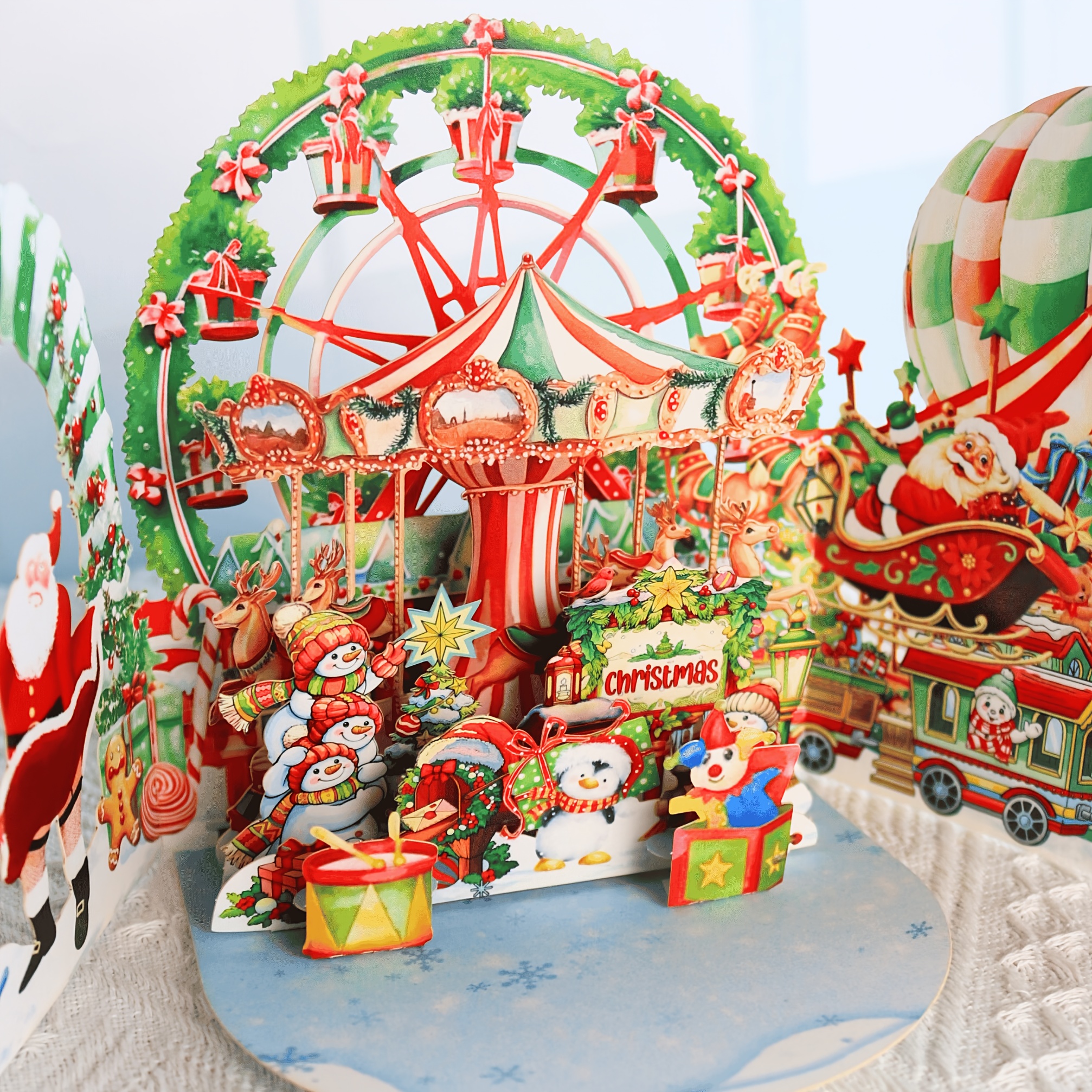 Image of [party Invitations]1pc Merry Christmas Pop Up Card, Amusement Park Santa Claus, Christmas Snowman, Carousel Theme Party Invitation Card With Envelope Halloween Christmas Thanksgiving