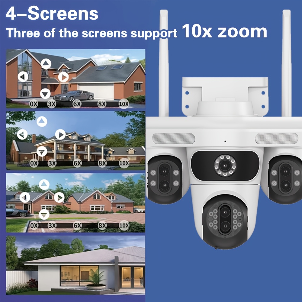 Smart 7-lens 10x Zoom WiFi PTZ , 355° PTZ Function, Ultra-Wide Monitoring Area, IP65 Waterproof, CCTV Network Security Surveillance  with Motion Detection, Auto Tracking, Color Night Vision, Two-Way Audio, Light and Sound Alerts, Suitable for Various