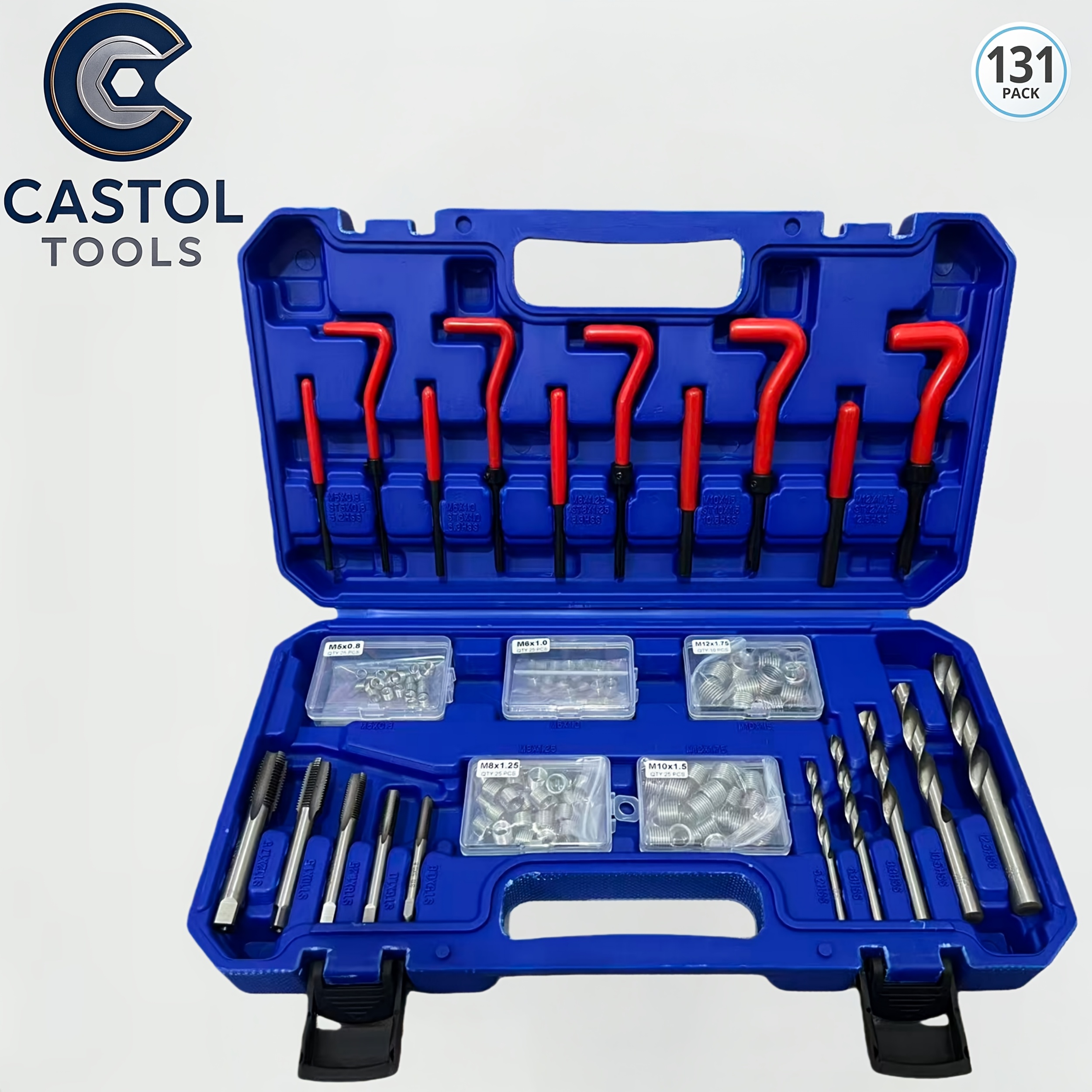 E-shop 131-teiliges Profi-Gewinde-Reparaturset, Bohrer-Werkzeugset, mit Gewindeeinsätzen, Spiralbohrern und Installationswerkzeugen,