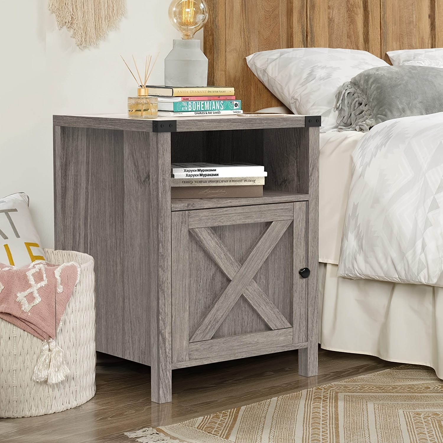 

Wooden End Table With X Barn Door And Open Shelf, Bedside Table, Industrial Side Table For Bedroom, Living Room, Office