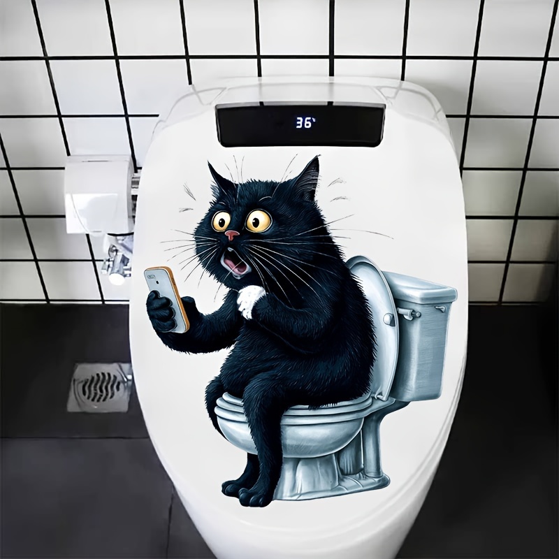 

Funny Cat & Phone Play Bathroom Decal - Self-adhesive, For Toilet Seat And Decor, Funny Bathroom Accessories, Animal Theme, Square Shape