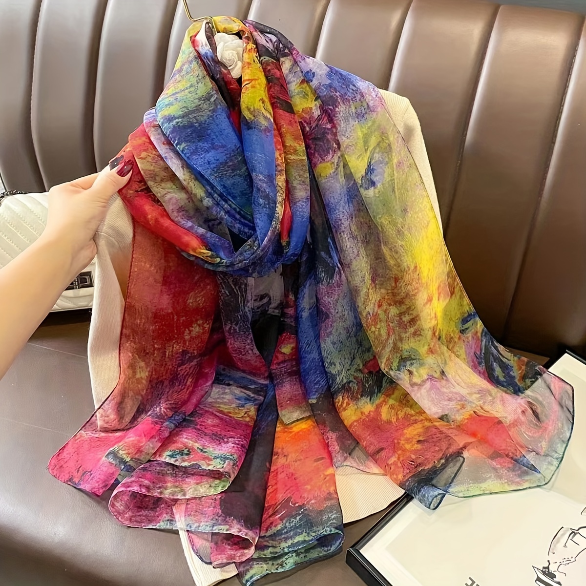 

Chic Lightweight Scarf For Women - Soft, Breathable Polyester With Oil Painting | Sun Protection & Fashion Accessory