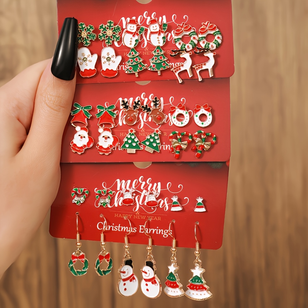 Boucles D'Oreilles Femme En Nacre Peinte - Motif Père Noël, Neige, Sapin - Fait Main En France