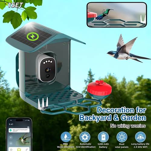 item picture solar powered bird feeder monitor with ai recognition of bird full hd human detection ipx6 monitor