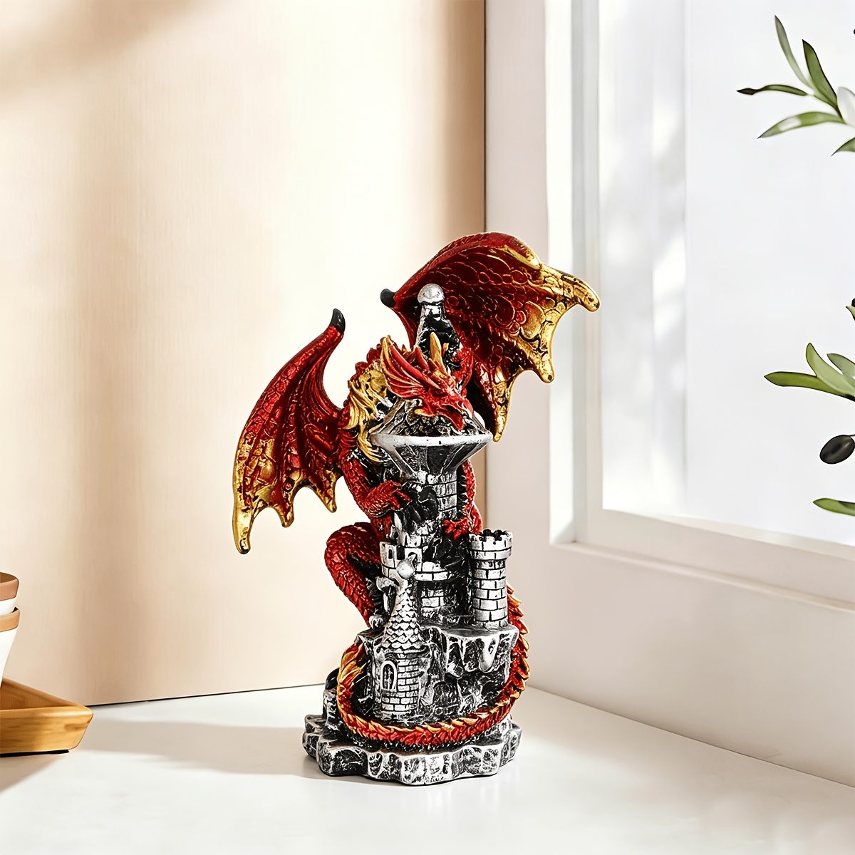 Image of 1pc Resin Dragon Figurine, Mythical Dragon Statue With Castle And Ornaments For Home Office Tabletop Decor Accessories, Best Gift For Halloween And Of The Dead