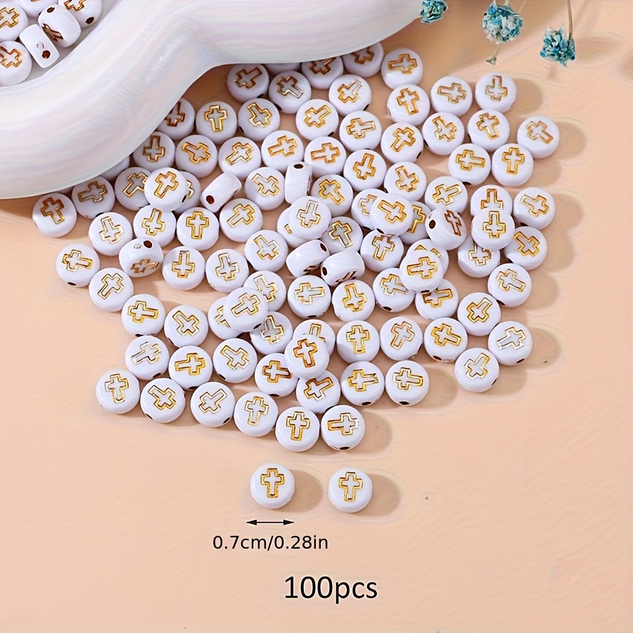 Image of 100pcs White Acrylic Beads With Golden Design For Making - Ideal For Crafting Necklaces, Bracelets, & Keychains, Beads For Jewelry Making