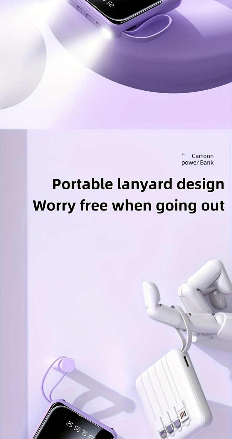 10000mah capacity small size big power this mini portable power bank features a with a built in 4 in 1 multifunction cable supporting 5v2a fast charging   travel business keeping your devices powered   valentines day gift Product details 5