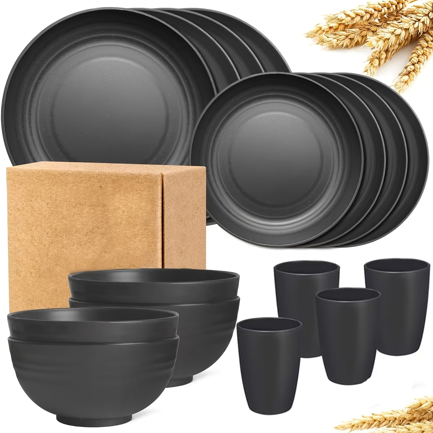 TEMU Unbreakable Dinner Plates For 16pcs, Wheat Straw Dinnerware Sets, Microwave Microwave & Dishwasher Safe, Reusable Dinnerware, Black Set 8pcs