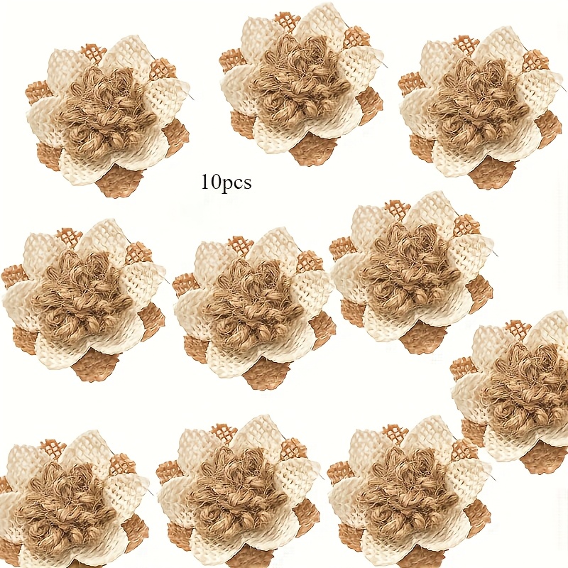 Image of 10pcs Rustic Burlap Floral Decorations - Handmade Natural Jute Floral Decor, Suitable For Diy Crafts, Wedding Tablecloth Settings, Vintage Clothing Embellishments, And Bouquet Accessories