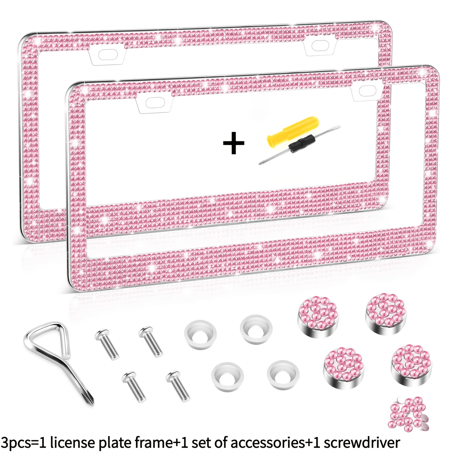 TEMU 3pcs Set: 1 License Plate Frame + 1 Set Of Accessories + 1 Screwdriver. Square Hole Stainless Steel Rhinestone-inlaid License Plate Frame,