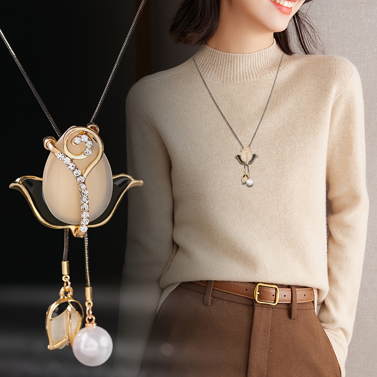 

Elegant Long Chain Pendant Necklace With Simulated Flower Pendant For Women, Autumn Jewelry Gift