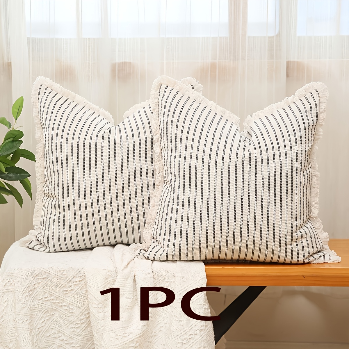 Image of 1pc 1pc Yarn-dyed Hair Fringe Pillow Case Cushion Cover Soft And Comfortable Stripes Black Blue Beige Pillow Case Cushion Cover Without Pillow Core
