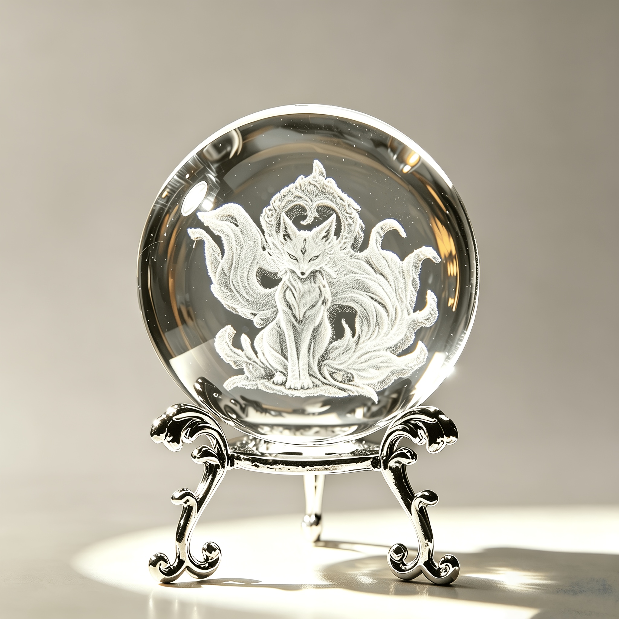 TEMU 3d Inner-carved Nine-tailed Fox Crystal Ball Ornament, 6cm Transparent Crystal Ball With Metal Base, Home Shui Decorative Gift