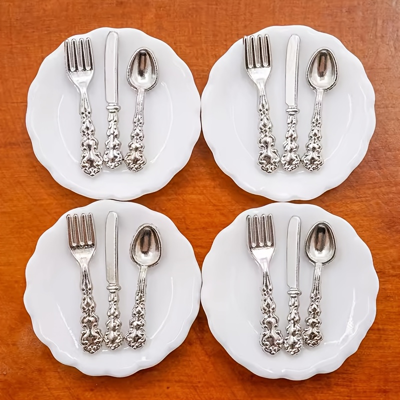 Image of 16pcs Dollhouse Miniature Tableware Set, Plates, Knives, Forks, Spoons, Simulation Kitchen Food Play Scene Model Furniture Dollhouse Decoration Additions, Birthday, New Year, Holiday Gifts