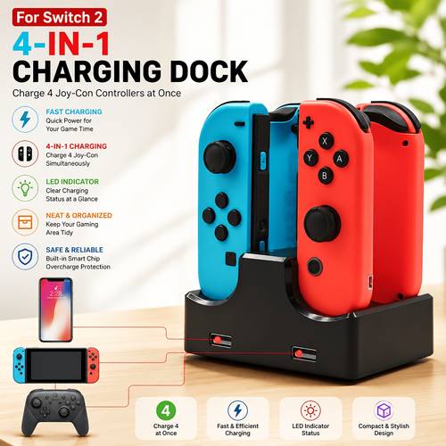 imagen del artículo cargador para de switch, base de carga 1 con carga rápida usb, indicador de carga led, diseño y portátil