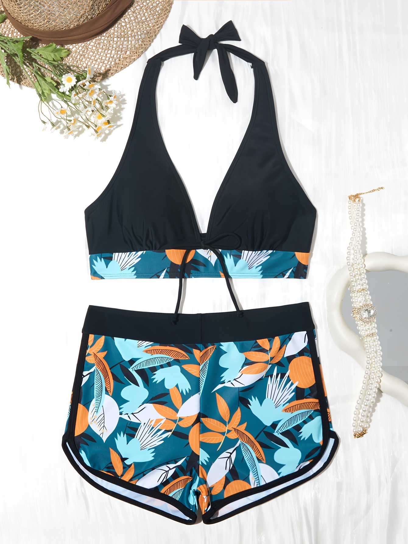 Tropical Leaf Print V Neck High Waist Bikini Sets, Drawstring Spaghetti  Straps Boxer Short Bottoms Two Pieces Swimsuit, Women's Swimwear & Clothing