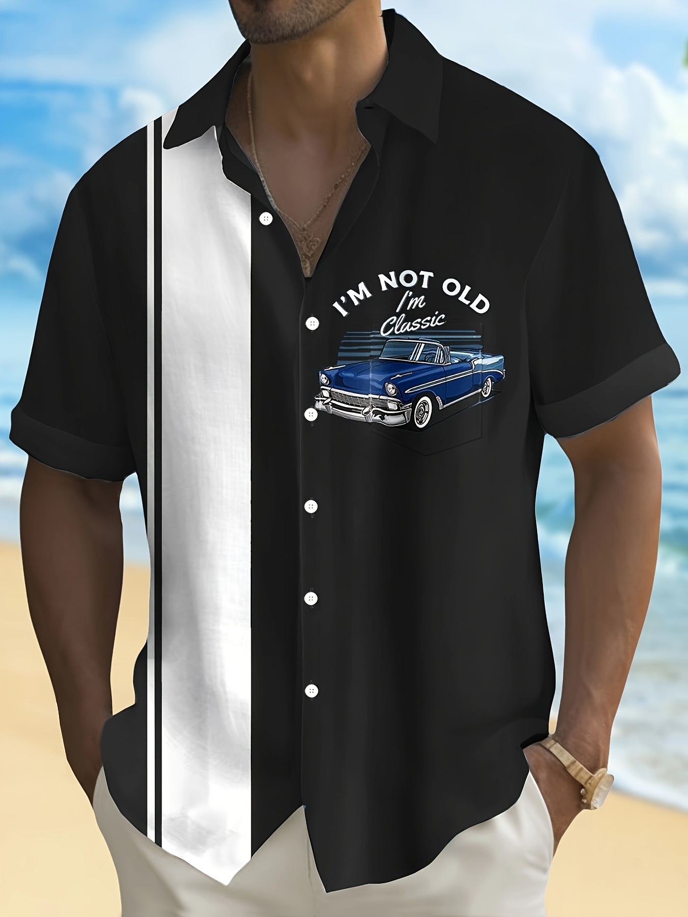 Men'S Plus Size Vintage Car Graphic Button-Up Shirt - Blue & White Checkered, Short Sleeve, Casual Summer Shirt with Front Pocket, Casual Summer Wear|Vintage Car Print|Short Sleeve Shirt