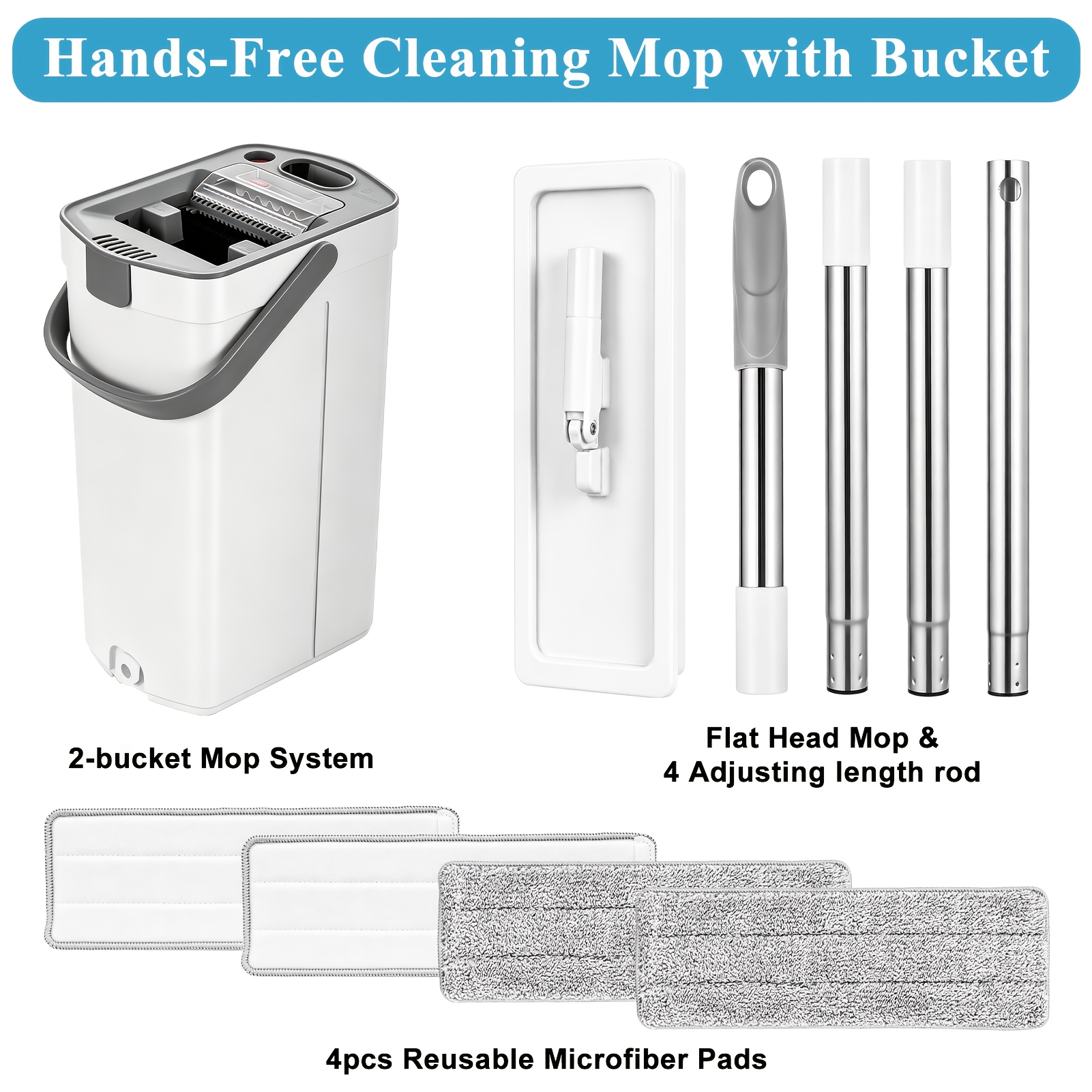 Image of This Flat Mop Set Includes A Spin Bucket, A No-wash, Wringer Design, And 4 Reusable Microfiber Mop Cloths. Suitable For Wet And Dry Cleaning, Ideal For Wood, Laminate, Tile, Vinyl, And Marble Floors.