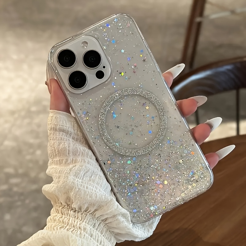 Fashionable Glittering Sequined Magnetic Epoxy Transparent Phone Case Compatible with iPhone 16 15 14 Plus 13 12 11 Pro Max XM XR XS X Blingbling Transparent Shockproof Back Cover.