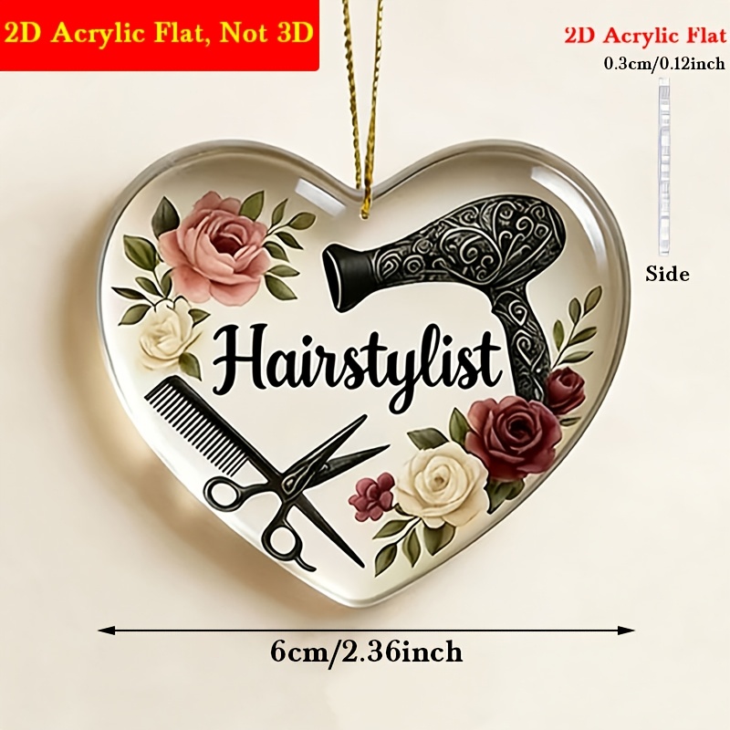TEMU 2D Plat - 1pc Pendentif Acrylique de Cœur, 2D Plat, Motif d'Outils de Coiffure, Idéal comme Cadeau pour les Propriétaires de Salons de Coiffure