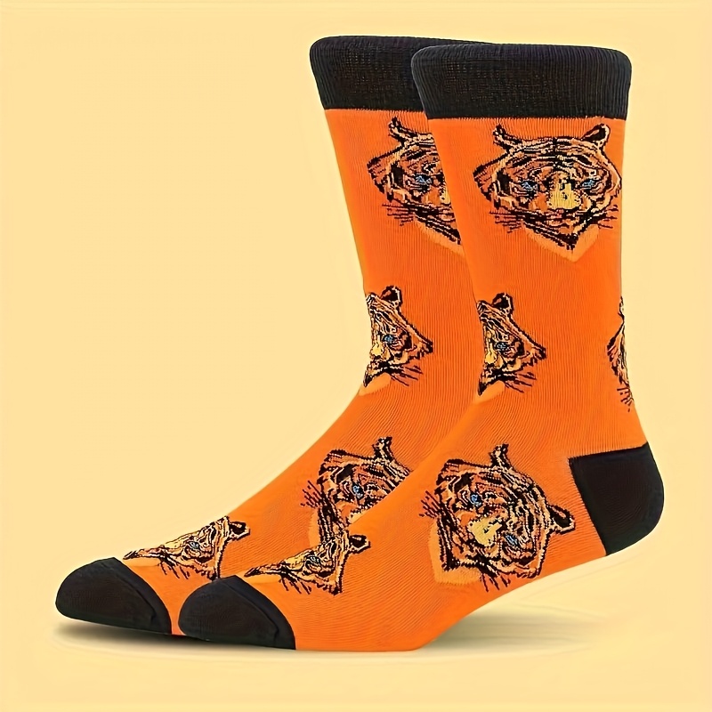TEMU 1 Paire de Chaussettes d'Automne et d'Hiver Noël Orange Tigre Dessin Animé Imprimé, Élégantes et Adaptées aux Chaussettes de Sport de