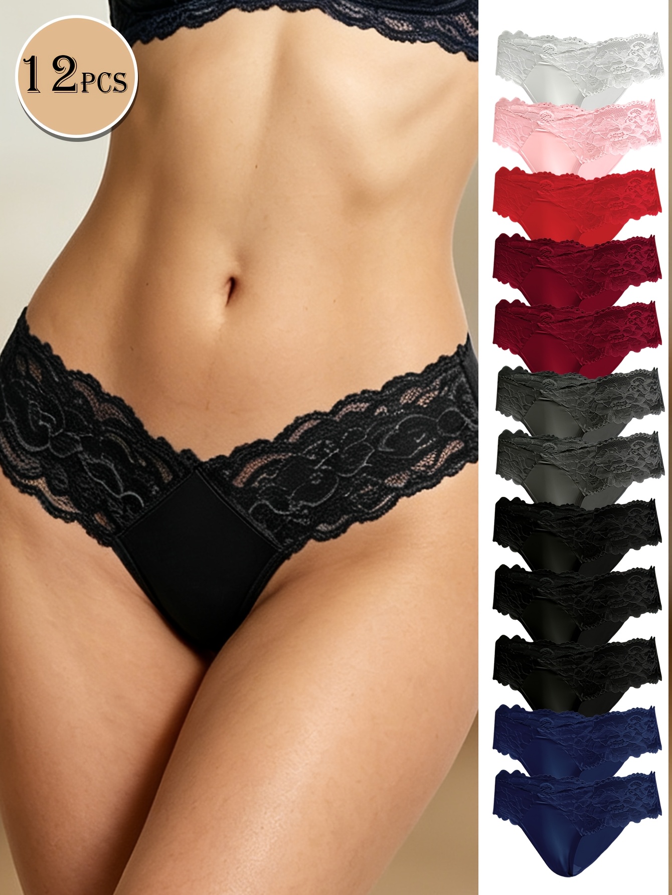 12pcs Women's Thong Underwear - Sexy Lace Trim V-Thong Panties, Soft Breathable Multi-Color Assortment (Navy, Burgundy, Black, Grey, Pink) - Comfortable Stretchy Everyday Low-Waist Lace-Like Undies for All-Day Wear - Image 3