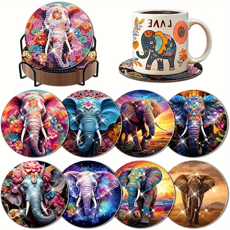 

8pcs/set Deluxe Elephant Diamond Art Painting Coaster Set With Holder & Cork Bases - Innovative Diy Craft, Ideal Holiday Gift For Adults