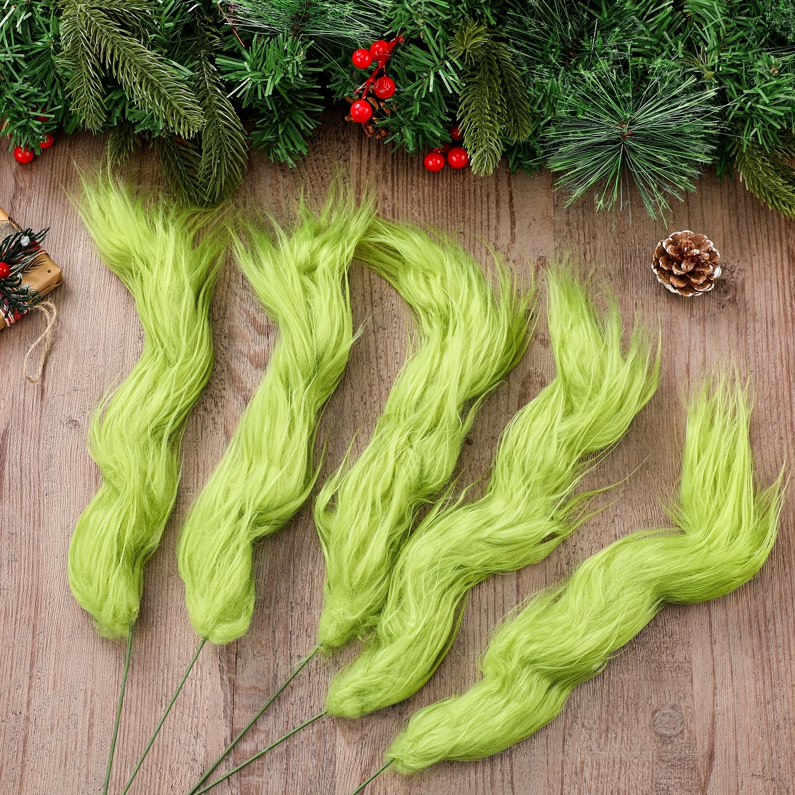 

10pcs Green Fuzzy Picks, Glittered Curly Berries, Fabric Tree Toppers For Wreaths, Vase Decorations, And Holiday Crafts