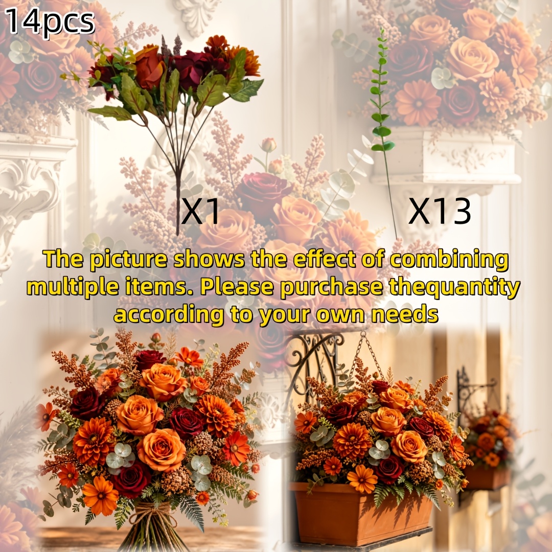 TEMU 14pcs-autumn- Roses, Daisies, Double-petaled Flowers, Eucalyptus, Premium Faux Mixed Floral Materials-details In Video-suitable For Home