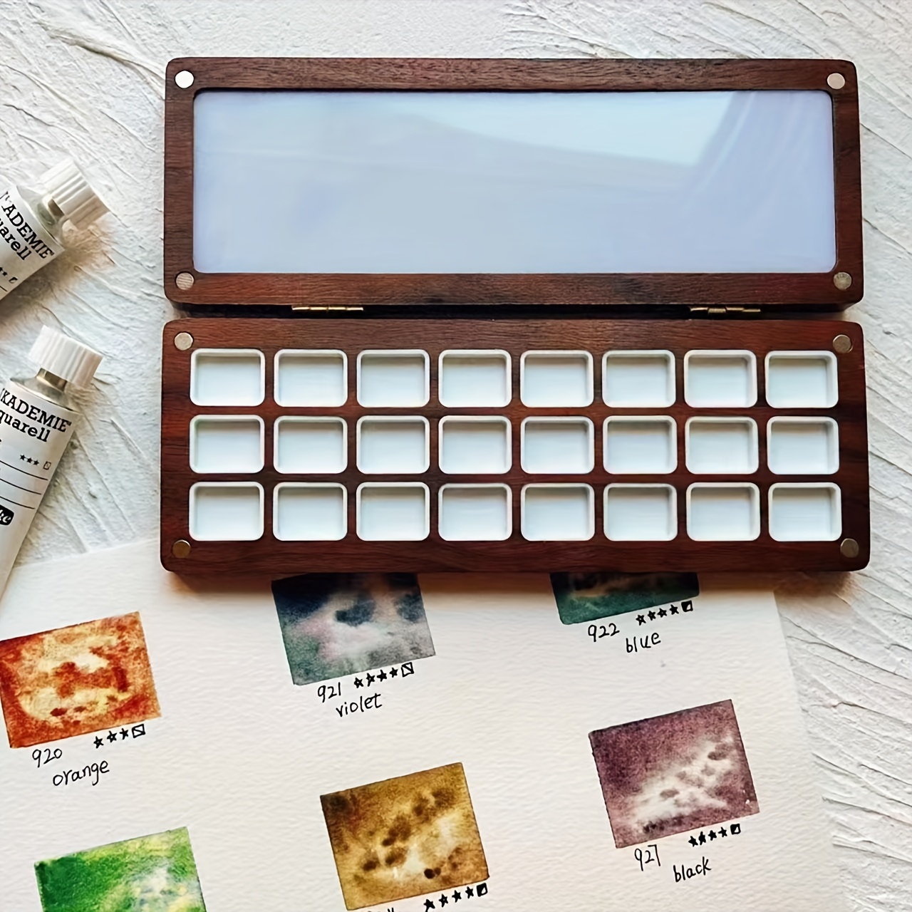 

Walnut Wood 24-well Watercolor Paint Box - Portable Nail Art & Solid Gel Polish Organizer, Artist's Palette