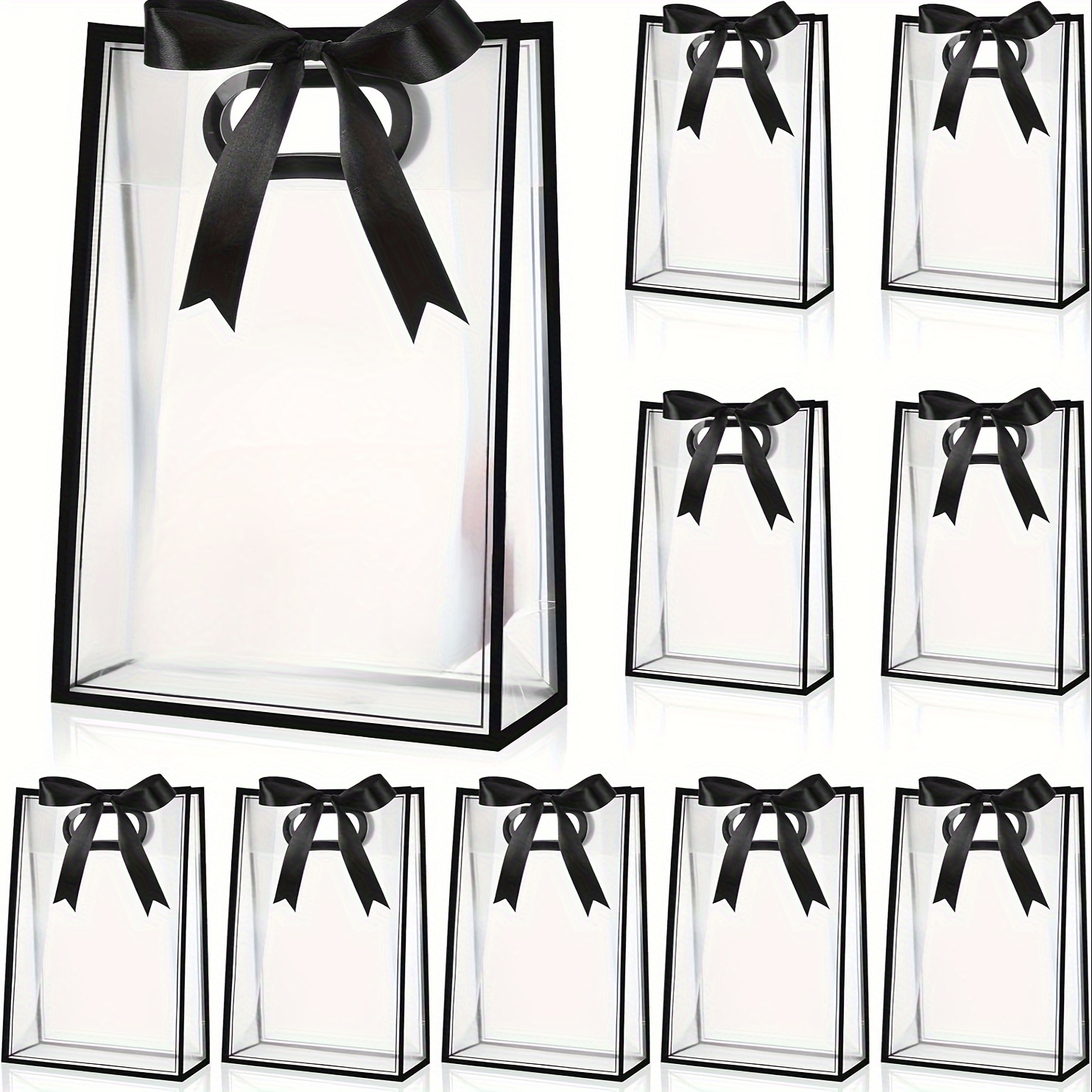 Image of 12-piece Transparent Plastic Gift Bags With Die-cut Handles, Reusable Pp Gift Bags With Ribbon, Suitable For Wedding, Bride, Christmas, Birthday Party, 7x10x3.15 Inches (white/black),halloween