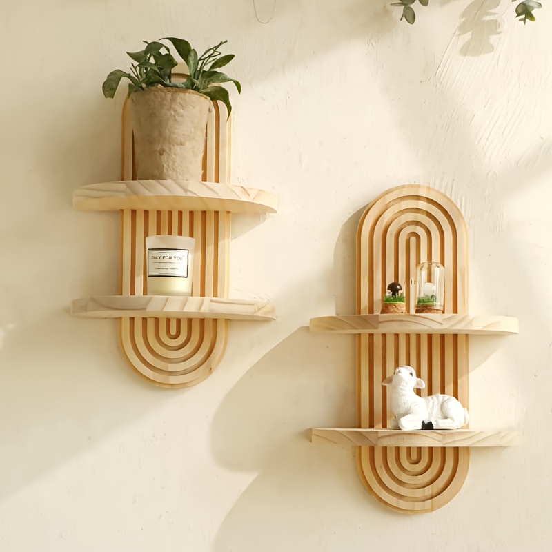 

1pc -chic Wooden Floating Shelf - Rainbow Wall Storage, 2-tier, Decorative Organizer For Room Types, Ideal For Plants, Candles & Figurines Display, Floating Shelves For Wall