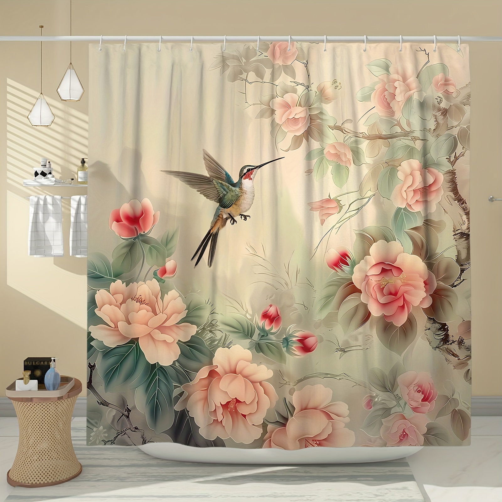 

1pc Florals & Hummingbird Shower Curtain, Waterproof Shower Curtain With Hooks, Bathroom Partition, Bathroom Accessories, Home Decor