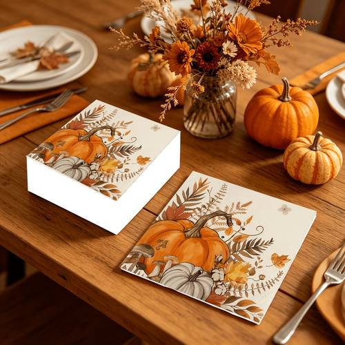 20pcs Disposable Printed Napkins, Pumpkin & Leaf Prints. Warm for Halloween, Thanksgiving and .