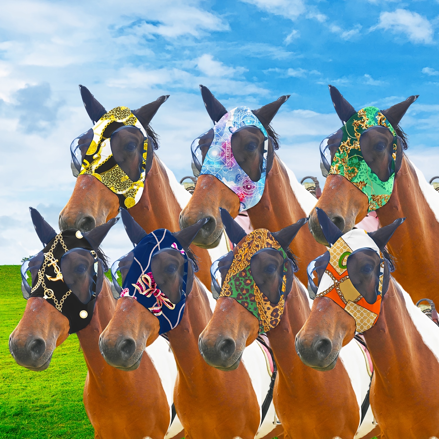 Image of 7pcs Horse Fly Mask Smooth And Comfortable Fly Masks For Horses With Ears Elasticity Horse Face Mask Horse Masks Covering For Horses Riding Supplies (large)