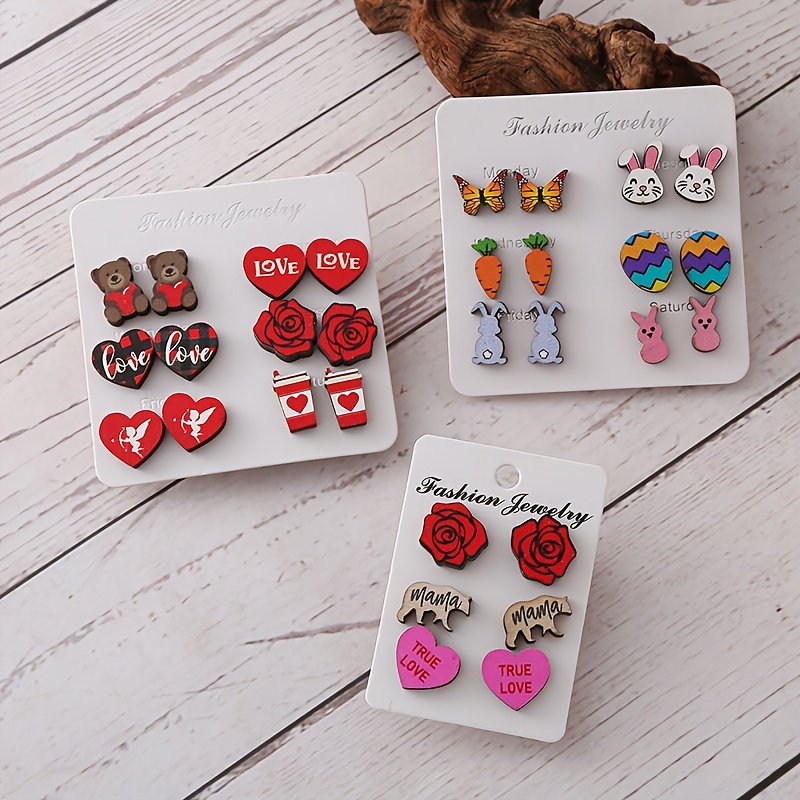 

3/6 Pairs Cute Wooden Bear, , Rabbit & Stud Earrings Set, Stainless Steel Ear Needle, For Daily & Party Wear, With Ideal Valentine's Day Gift For Girlfriend, For All