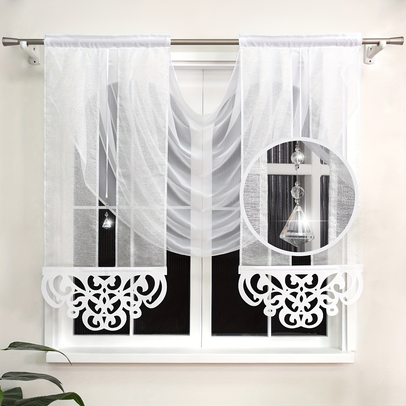 Cultural Fusion, Boho Chic Sheer Curtain With Pendant - Elegant Carved For Decor, Rod , Room Decor