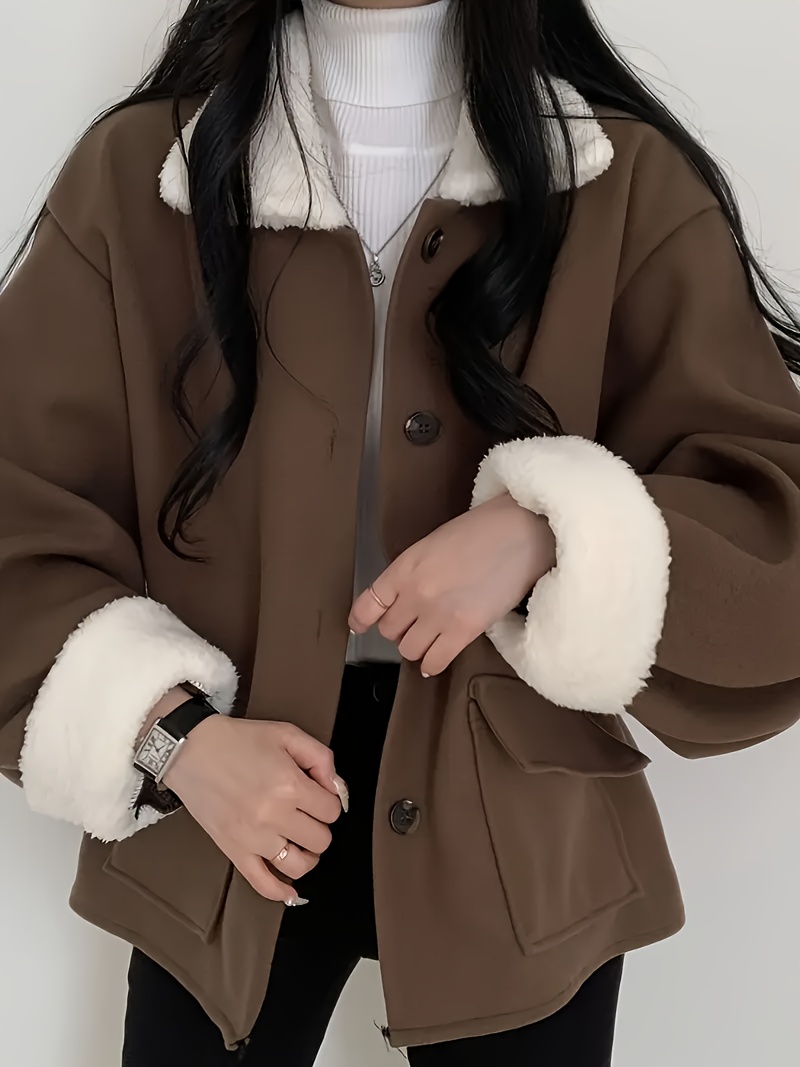 autumn   flap collar loose elegant jacket for petite women contrast color winter coat Product details 3