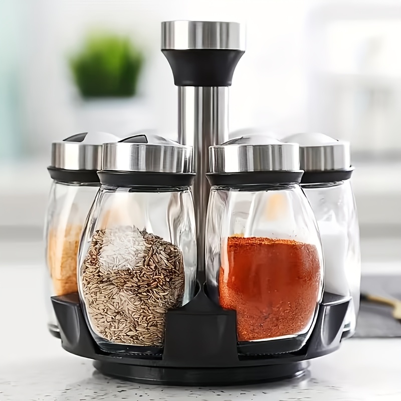 Image of 360° Rotating Spice Rack Set With 6 Glass Containers - Sleek Kitchen Organizer For Countertop, Durable Metal & For To Seasonings, Rotating Glass Spice Jars For Sugar, Pepper, And Salt