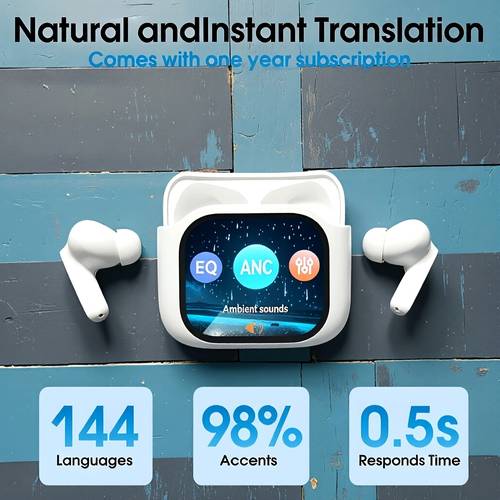 item picture free multilingual translation anc enc active noise cancellation passive noise reduction large screen led battery display tws hanging wireless earphones built in capacitive microphone type c rechargeable case music gaming