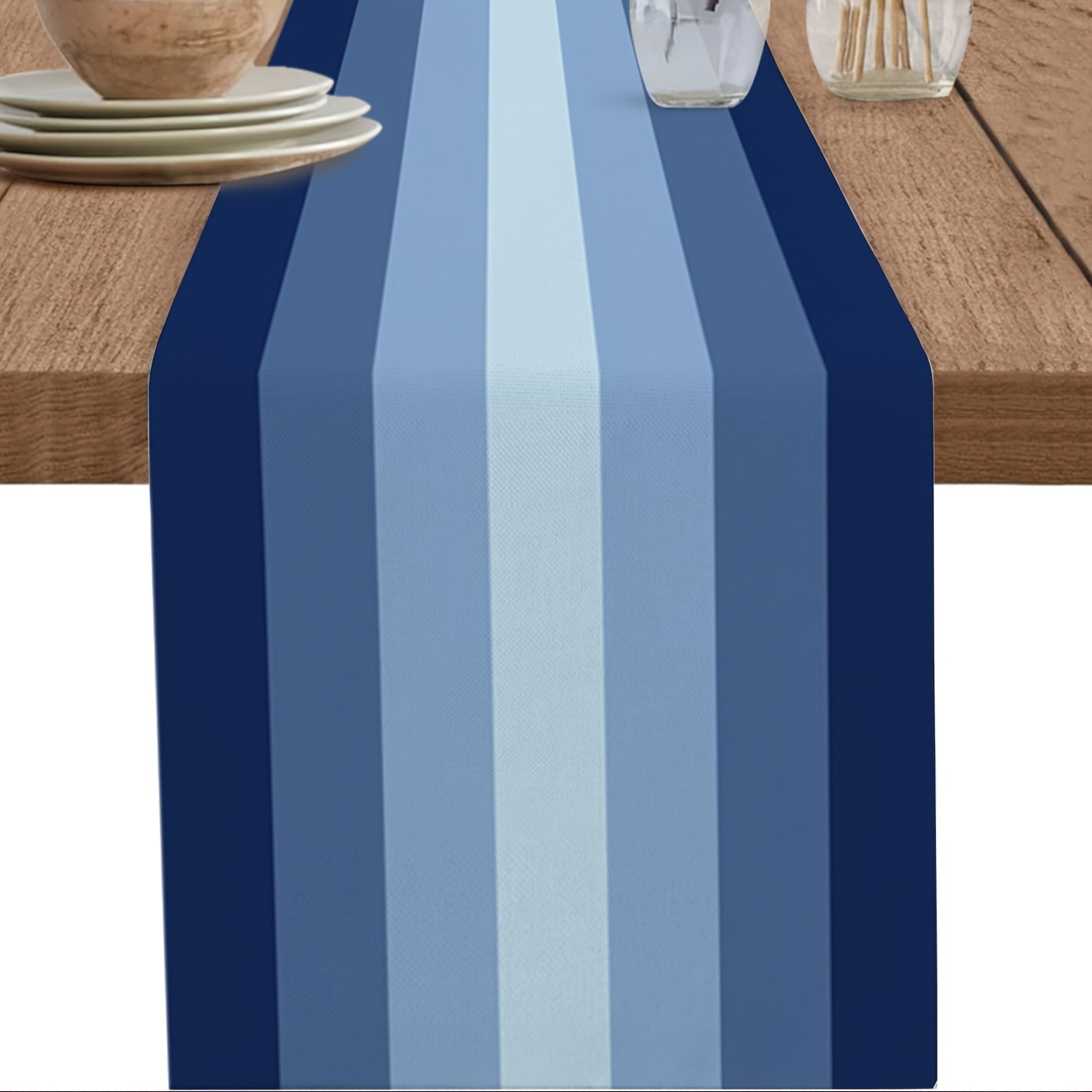 

1pc Linen Table Runner, Wide In Multiple Lengths Navy Blue Gradient Stripes, Modern Minimalist Geometric Design, Home & Wedding Decor For Dining Tables