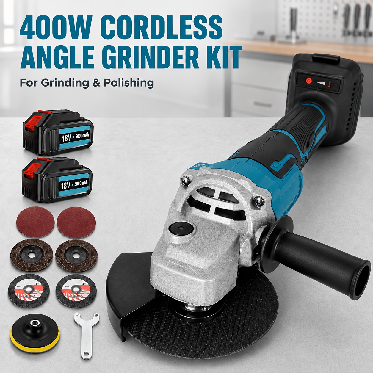 Image of 2 Battery Cordless Angle Grinder, 400w 125mm Electric Grinding Machine Side Handle And Grinding Discs For Metal Polishing And Sharpening (: 2 Battery Kit Or Tool )