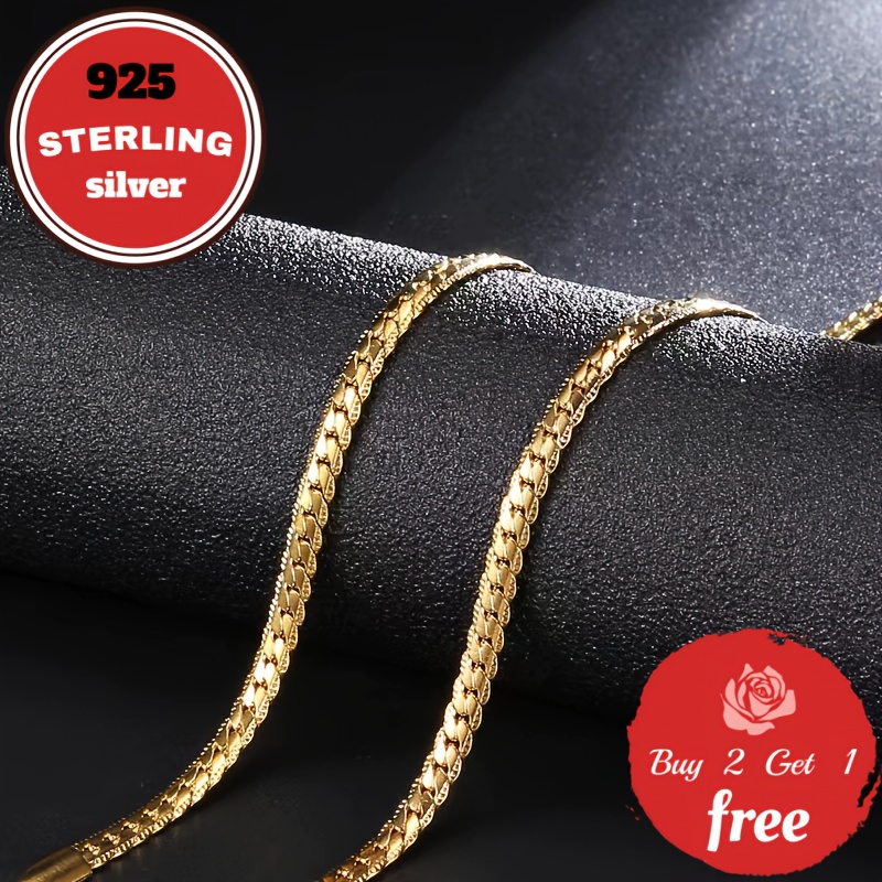 TEMU Pure Handmade, 5mm Plated 24k Golden Plated Golden 925 Sterling Silvery Flat Lace Necklace, Unisex, Hip Hop Holiday Party, Vintage Fine Jewelry