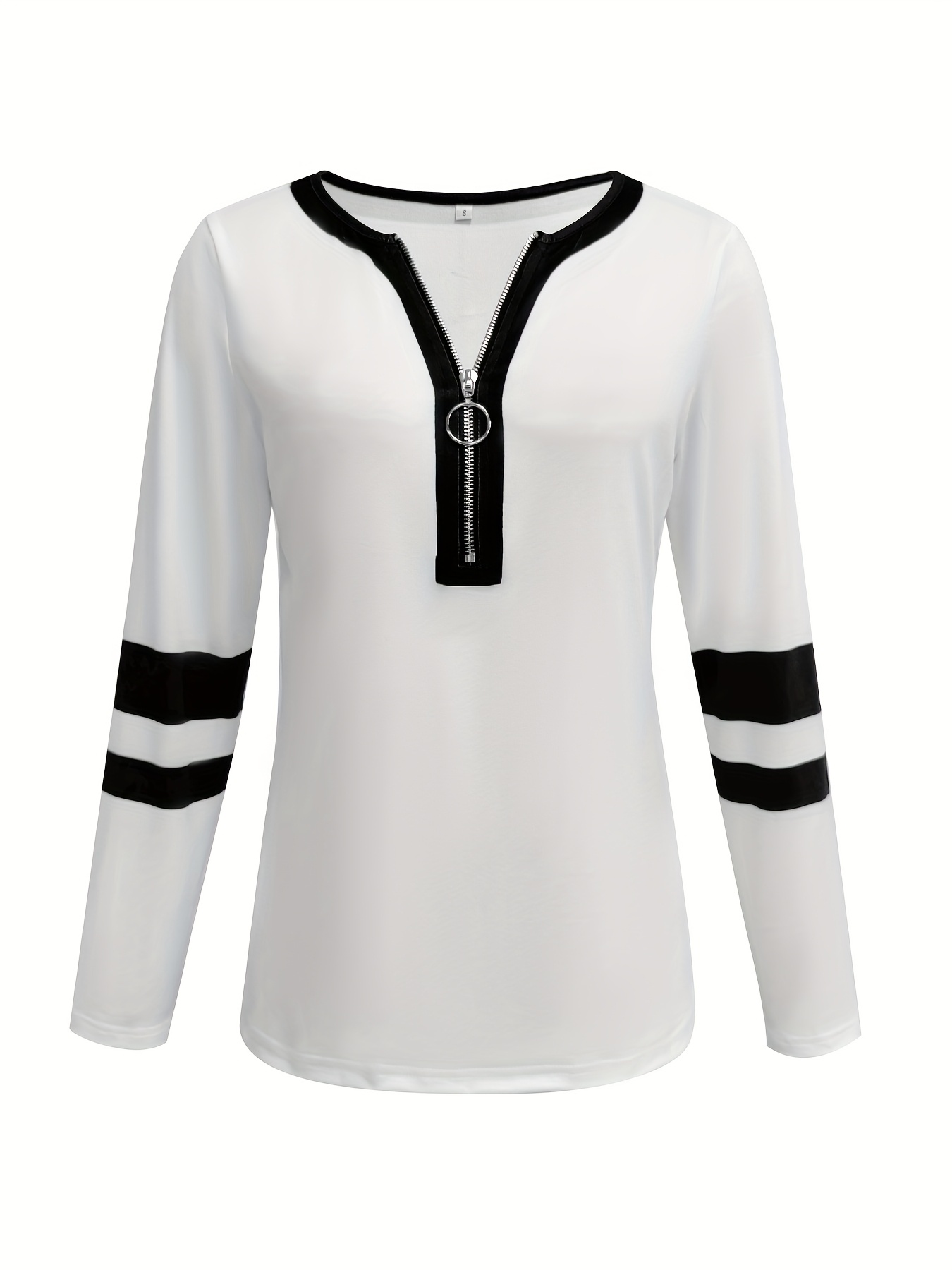 womens   and   block v neck long sleeve t shirt with zipper  l casual yet elegant   spring and fall casual wear   tee zipper   Product details 6